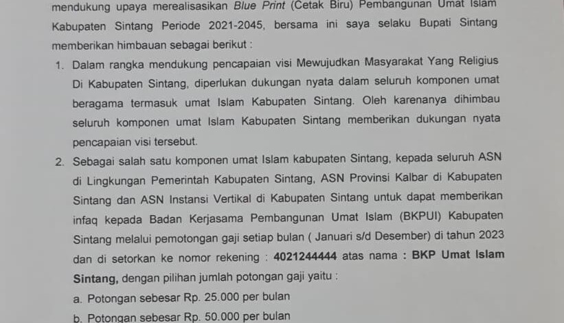 Himbauan Bupati Sintang Tentang Pengumpulan Dana Umat Islam pada ASN Kabupaten Sintang